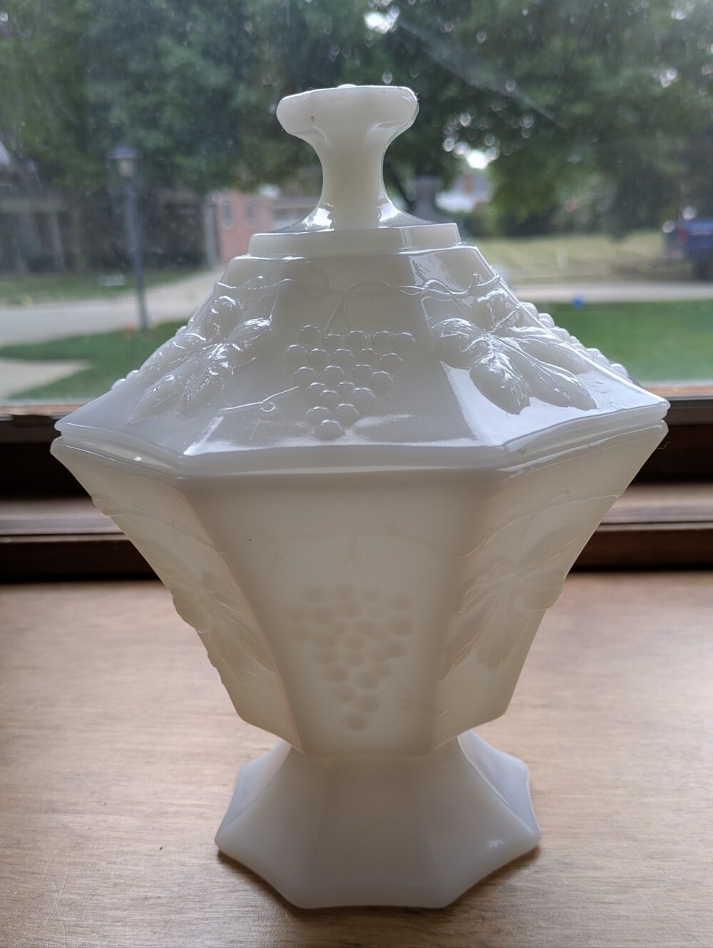 Milk Glass Covered Candy Dish with Harvest Grape Motif
